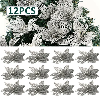 12Pcs/Set Lesk Poinsettia Vianočné Vence Strom Dekorácie Sliver, Plastové Lesk Poinsettia Kvety Vianočný Strom Ornament